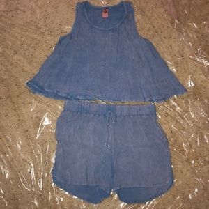 🆕2pc Short Set! garment washed chambray Soft Crinkle Woven! elastic waist short!